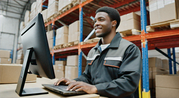 happy warehouse working looking at the screen 