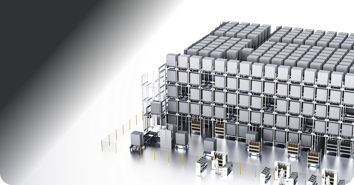 Automated warehouse with stacked storage grids and robots moving totes